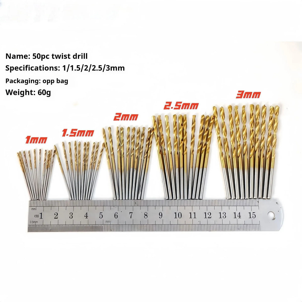 50PC twist drill set with 1-3mm high-speed steel titanium plated bits for woodworking