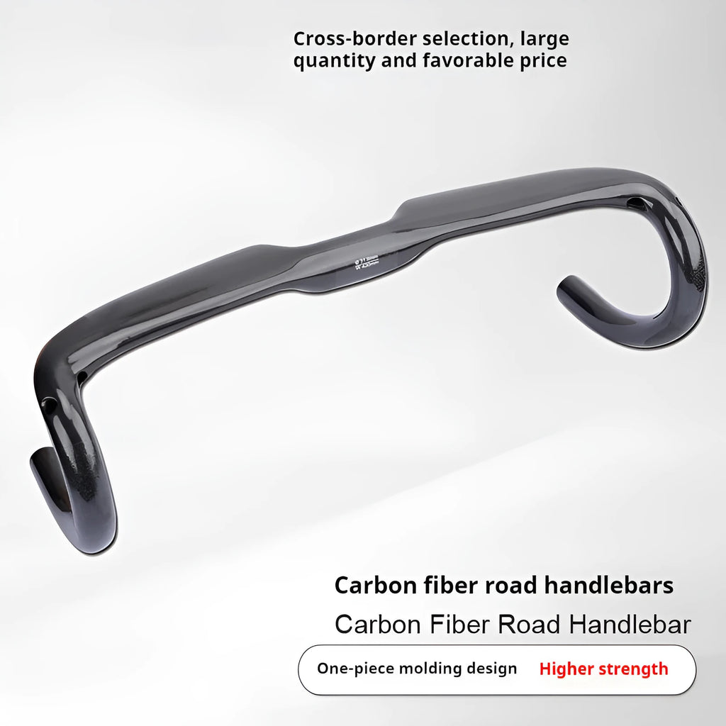 Carbon fibre road bicycle drop handlebar in black grey silver, shown in 400mm, 420mm, and 440mm width options.