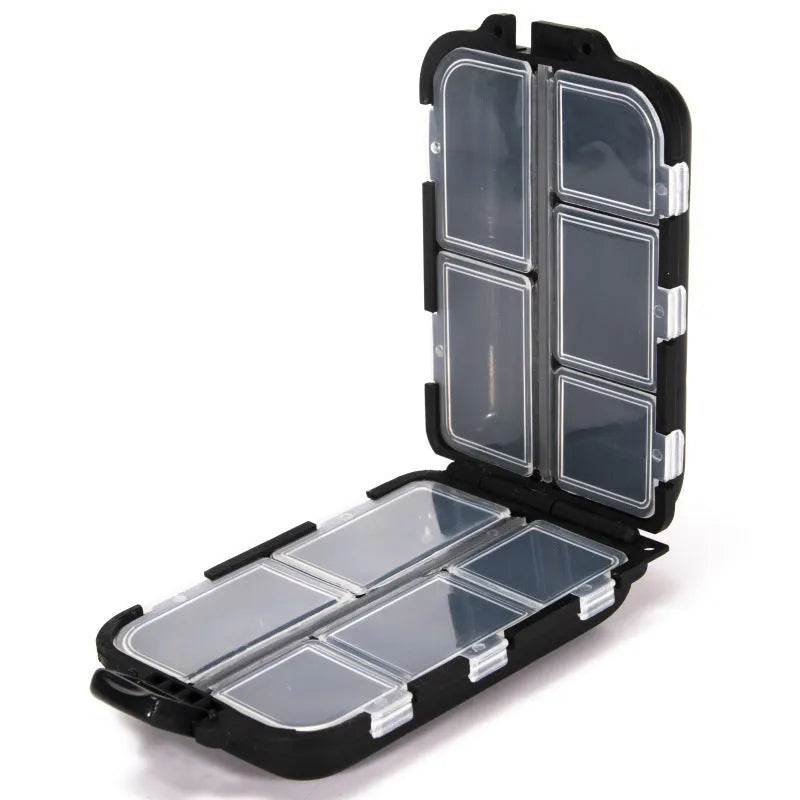 10 compartment fishing gear storage box in black measuring 9.5 x 6.5 x 3 cm