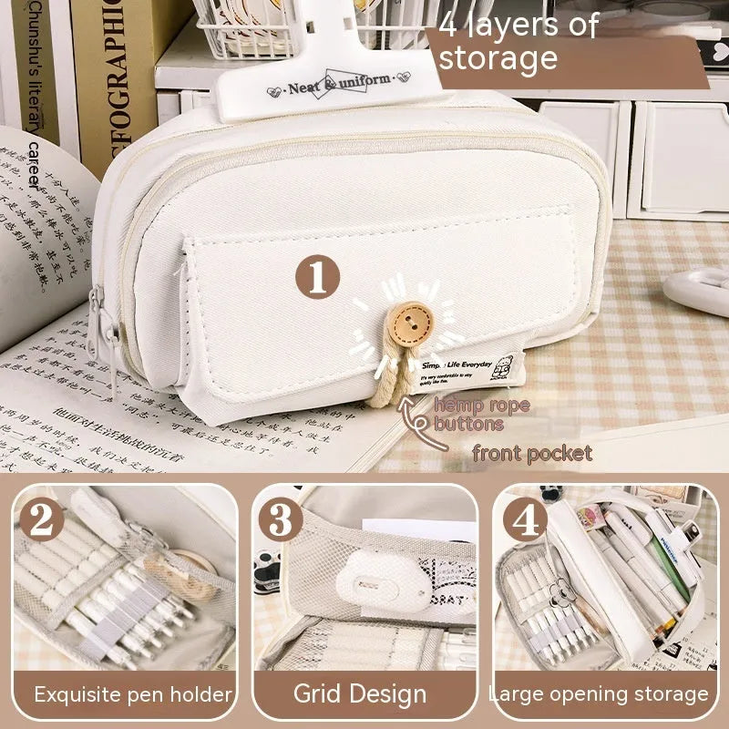 Korean style canvas pencil case in green colour with large capacity for approximately 80 pens