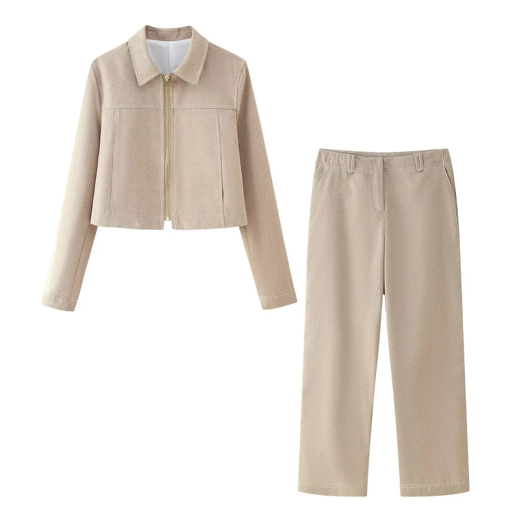 Women's herringbone pattern casual suit set with long sleeve coat and straight-leg trousers featuring 3D embroidery detail