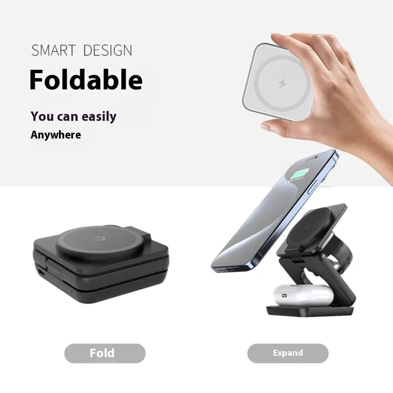 Foldable magnetic wireless phone charger in black or white with QC3.0 fast charging