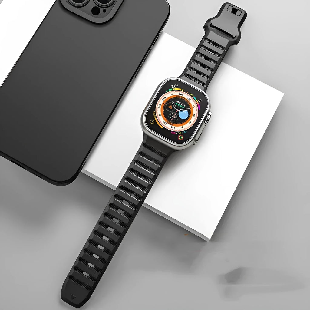 Ultra Fluoro Rubber Watch Band in multiple colours shown with T buckle, compatible with Apple Watch.