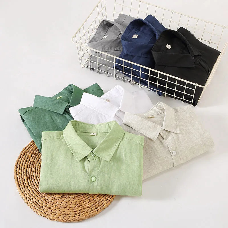 Long sleeve linen cardigan-style shirt in a solid colour, shown with a loose fit.