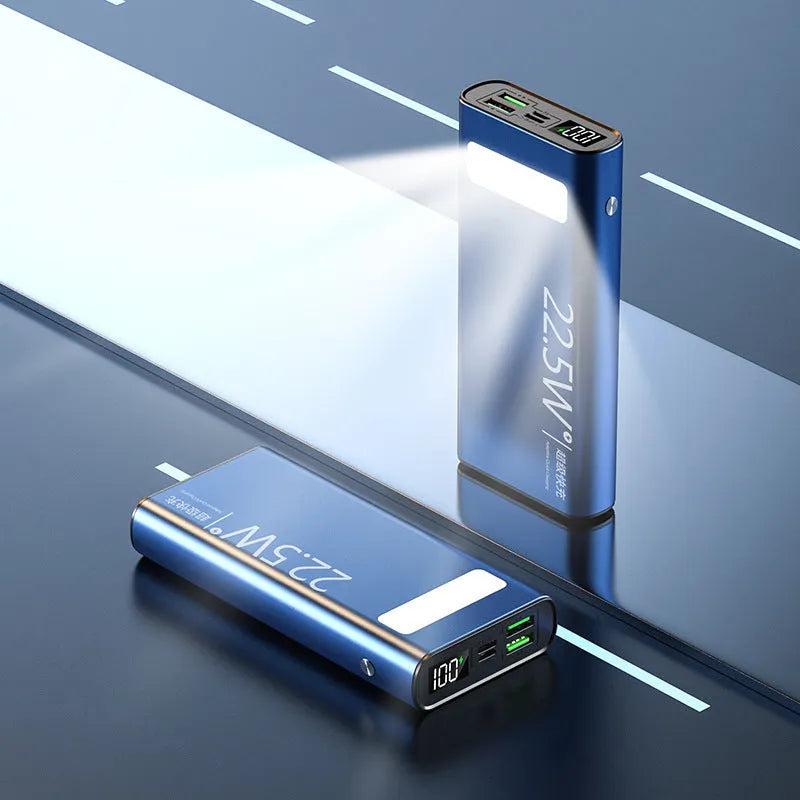 Alloy shell portable power bank with LCD display, shown in black, featuring USB-C PD fast charge port.