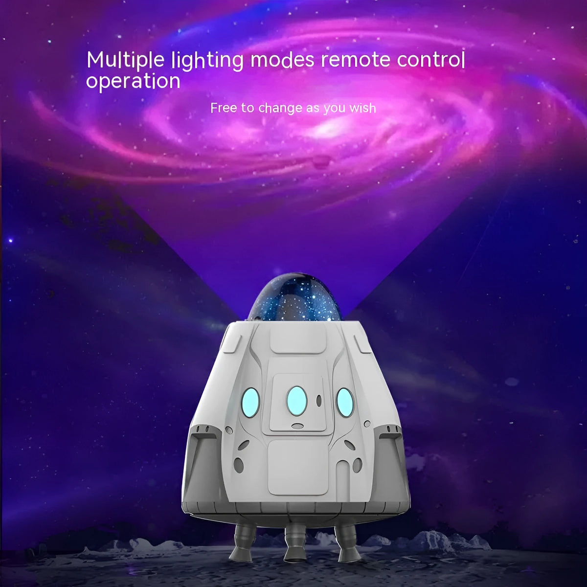 White Bluetooth northern lights ambience light with remote control on wooden surface