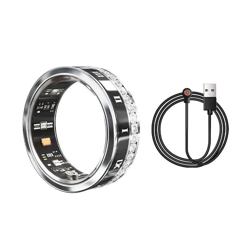Gold and silver diamond inlaid smart ring for health monitoring on a finger.