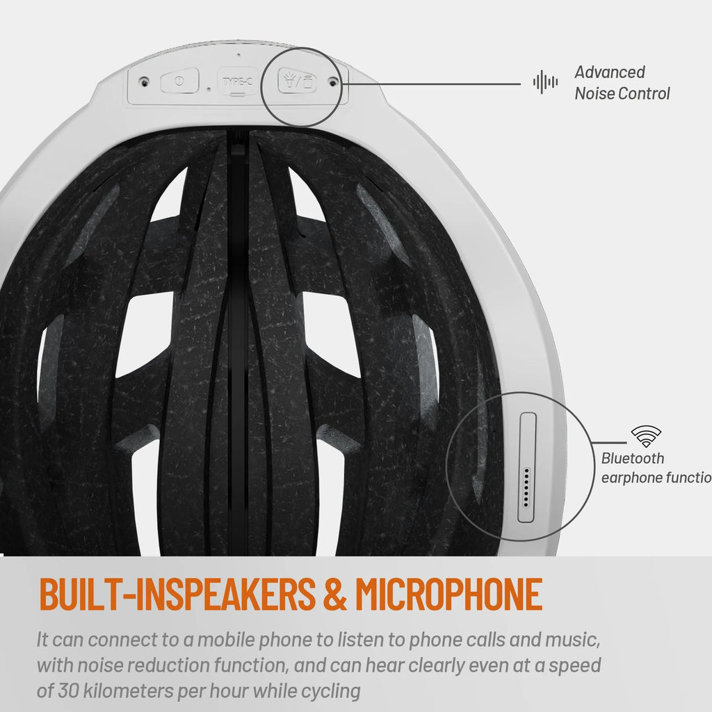 Black and grey smart cycling helmet with integrated warning lights showing USB charging port