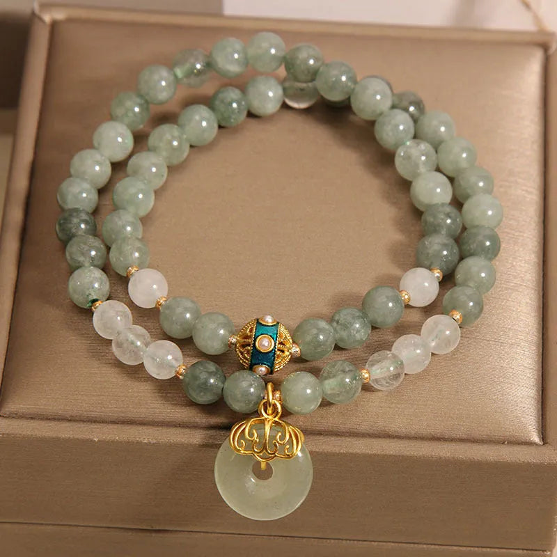 Women's double-layer aventurine jade bracelet with crystal rhinestones and safety buckle clasp