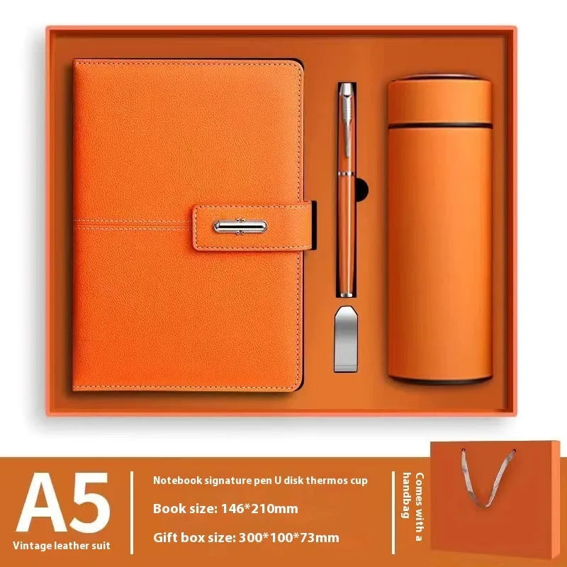 A5 notebook with a PU leather cover, open to show wood-free paper pages.