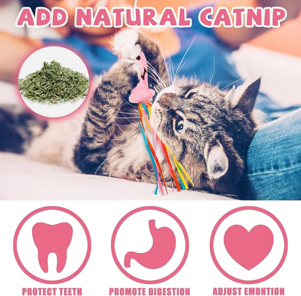 Wooden handle cat wand toy with catnip fish, colourful ribbons, and a bell for interactive play.