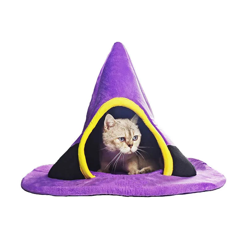 Purple Halloween witch hat shaped cat bed measuring 60x45cm for indoor pet use