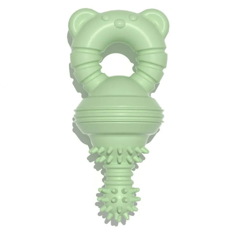 Blue rubber dog chew toy with molar cleaning texture and bell for aggressive chewers