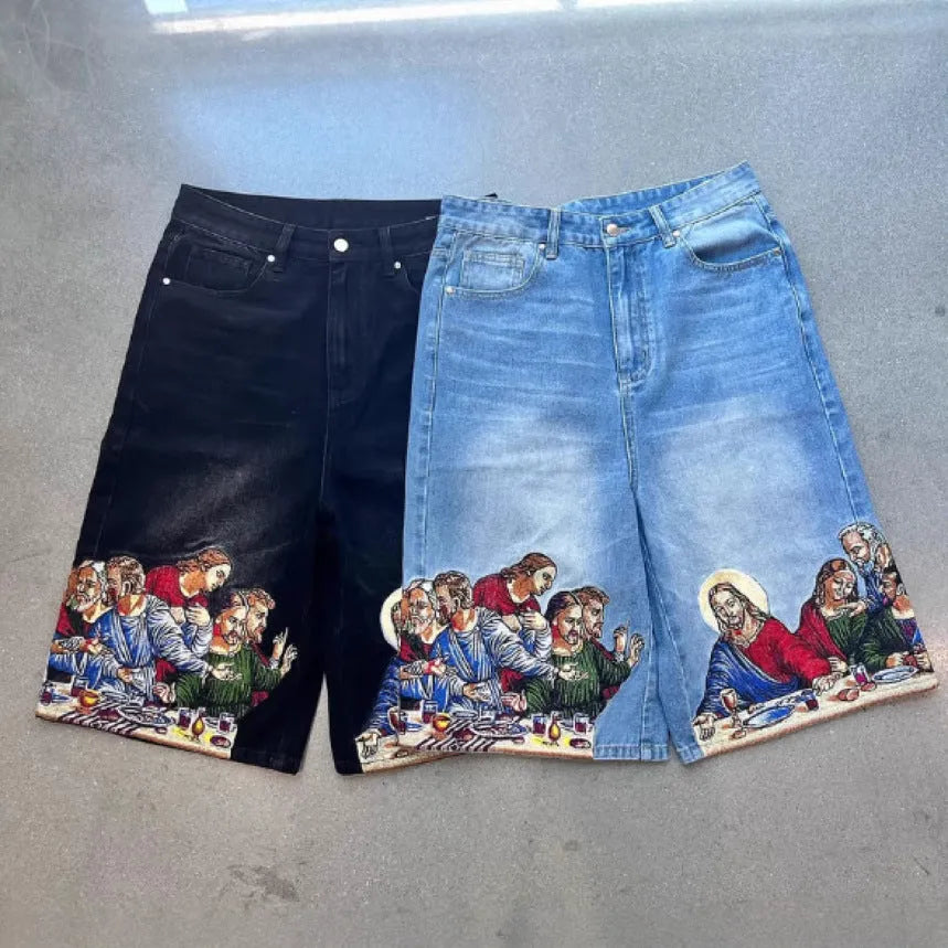 Blue tapered men's cotton shorts featuring a Jesus print design on the back pocket.