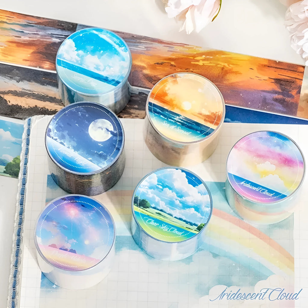 Japanese paper washi tape roll with sky theme designs including colourful clouds and twilight