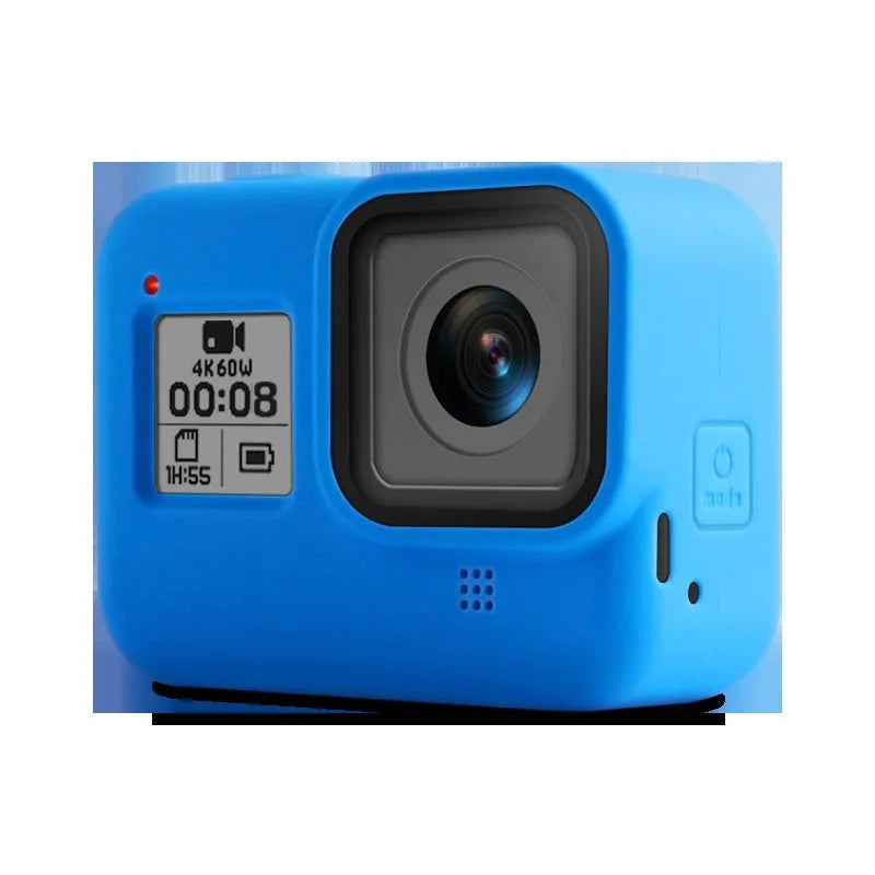Blue silicone protective sleeve and black wrist strap for GoPro Hero 8 Black camera.