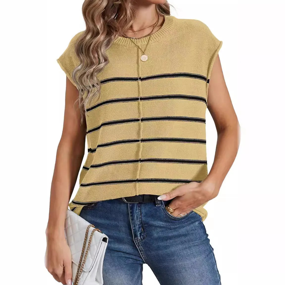 Women's striped sleeveless pullover vest in acrylic knit with bone stitching detail