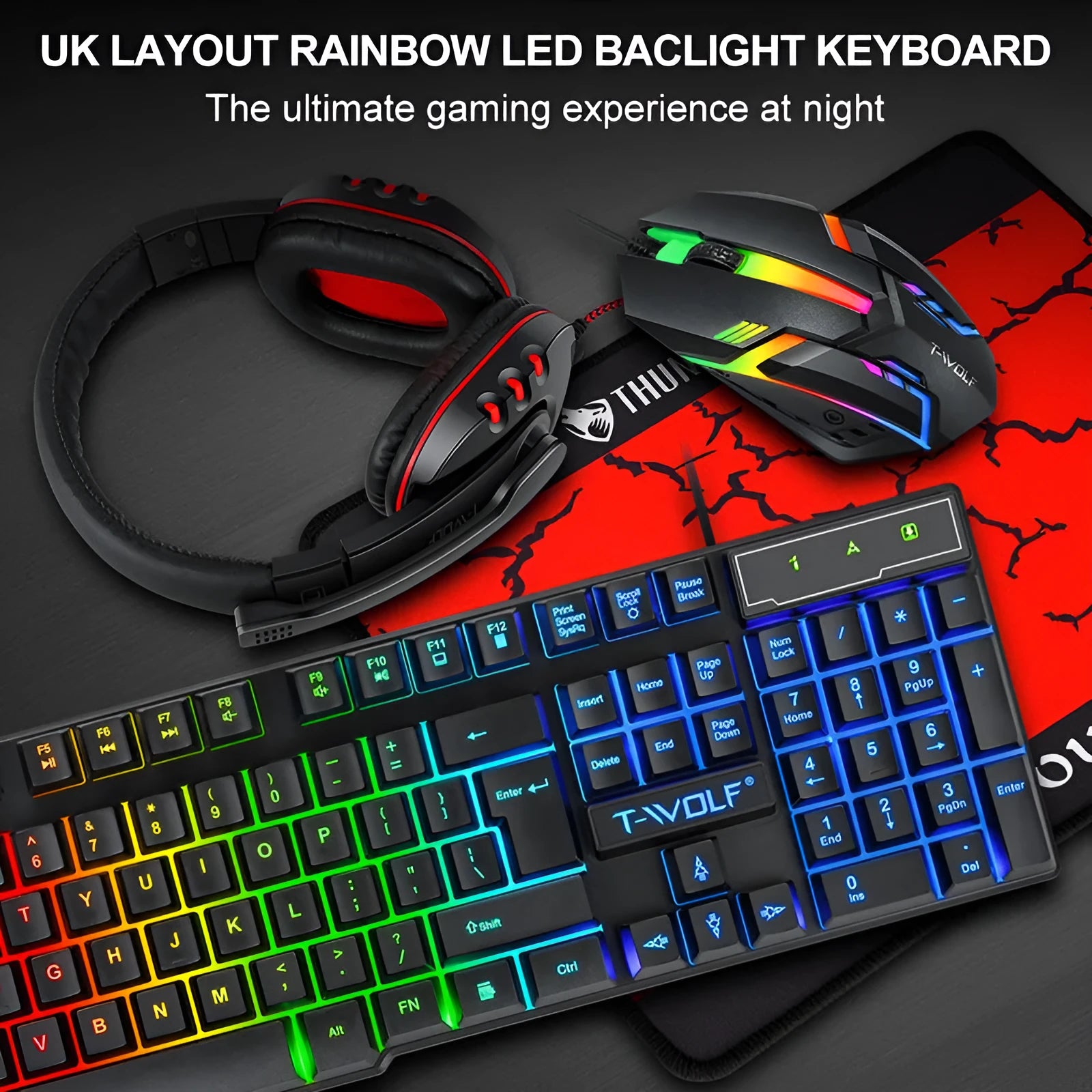 Thunder Wolf T800 wired USB keyboard and mouse gaming bundle set with luminous effects