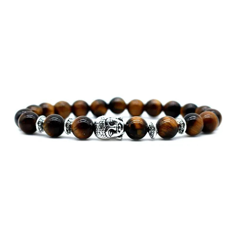 Handmade unisex beaded bracelet with a large 19mm Buddha head charm in tiger eye gemstone.