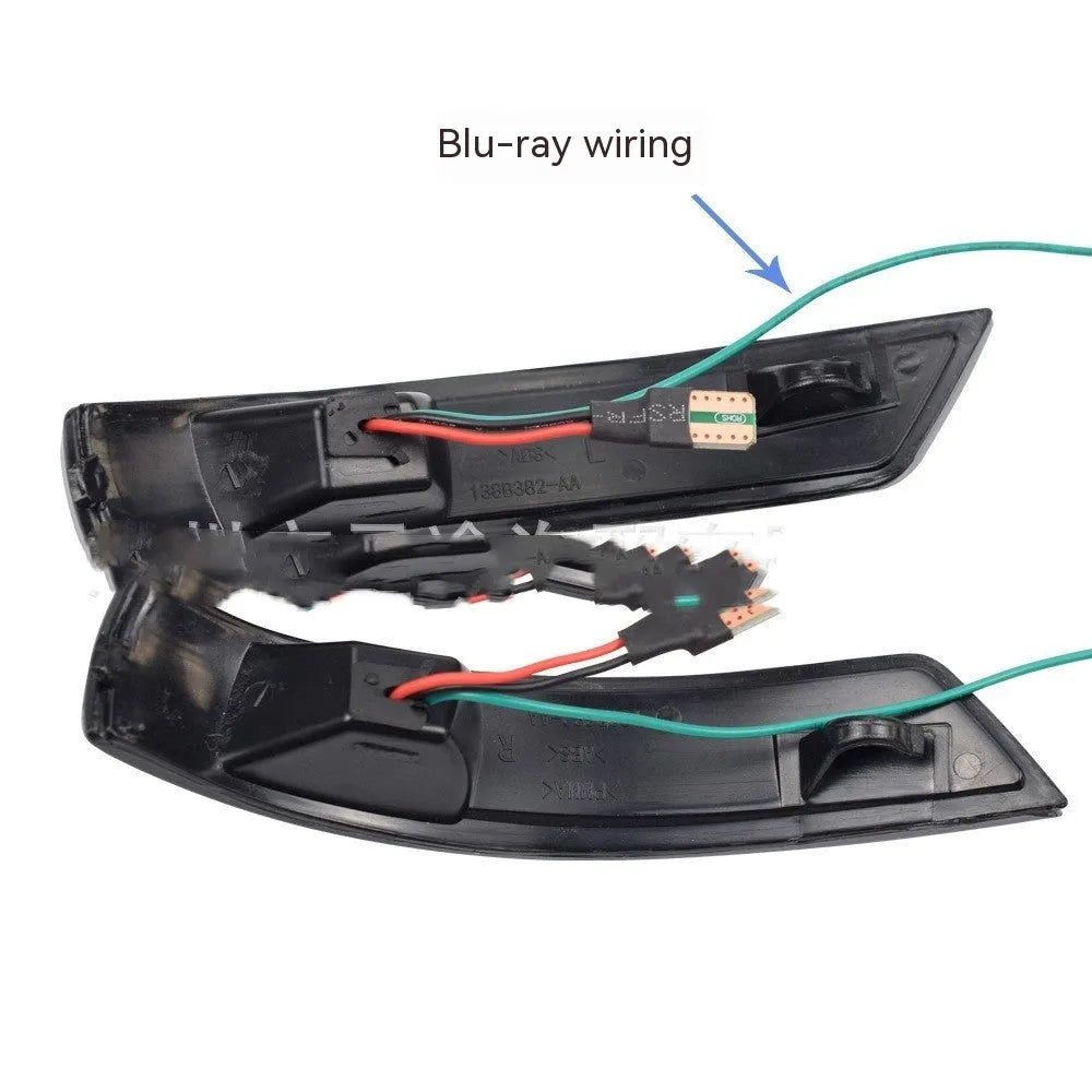 Pair of ABS rearview mirror waterfall lights for Ford Focus and Mondeo, showing yellow and blue two-tone option.