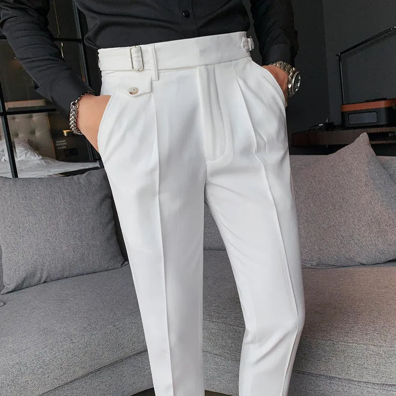 Men's straight-leg casual trousers in solid colours on a neutral background.