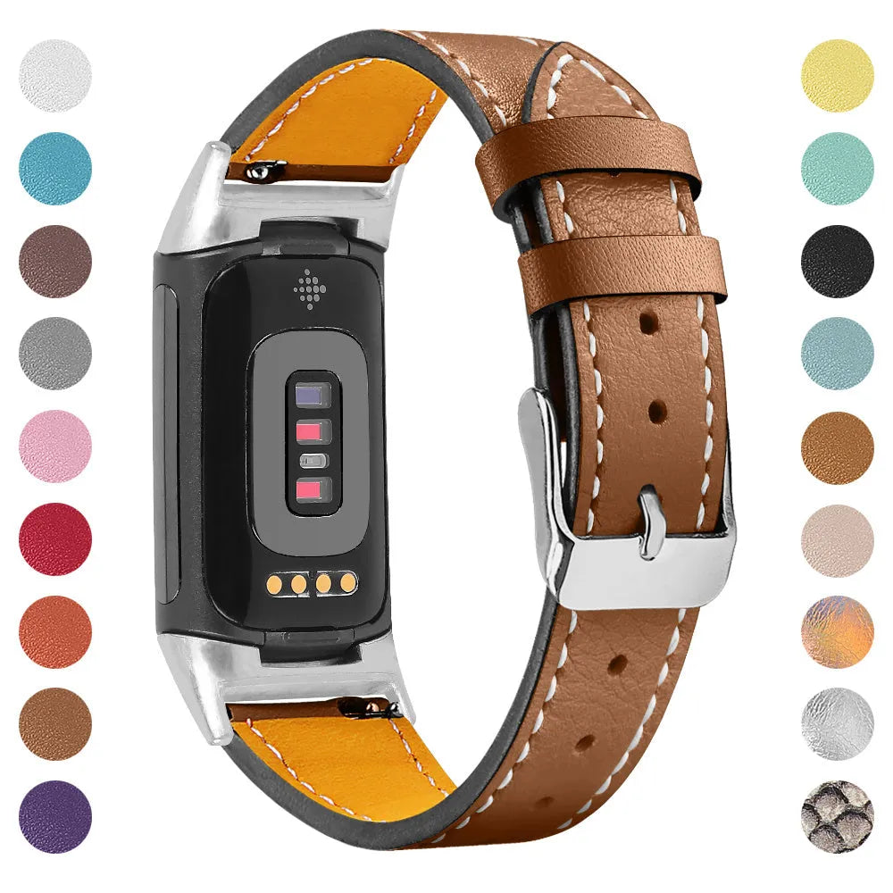 Genuine cowhide leather replacement strap with buckle clasp for Fitbit Charge 5 and Charge 6 smartwatches.