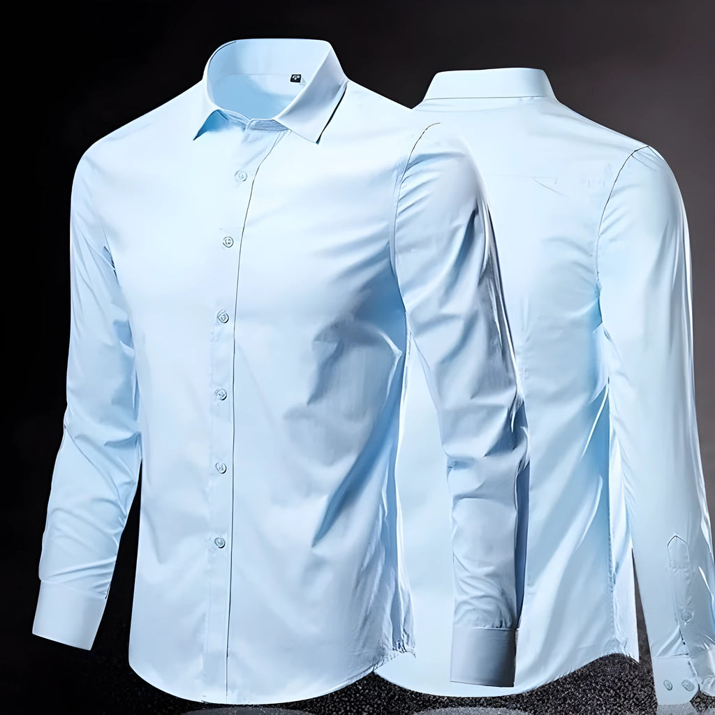 Men's slim fit long sleeve linen shirt in multiple colour options on a hanger.