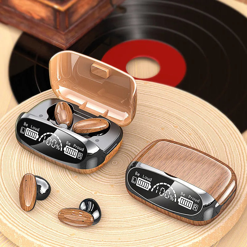 M35 wood grain Bluetooth wireless earbuds with charging case on wood background