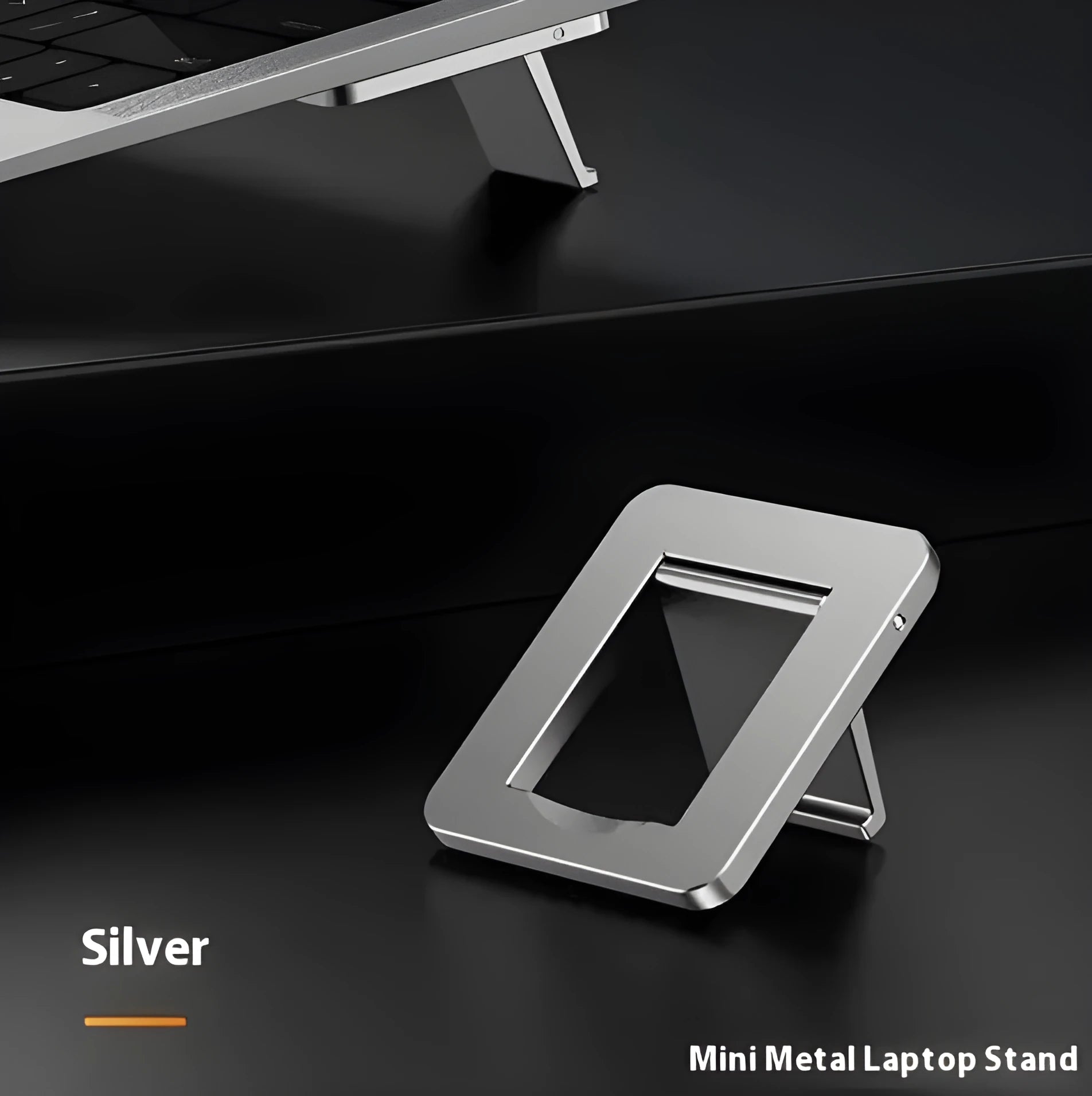 Aluminum alloy foldable laptop bracket shown in silver colour beside measuring tape showing 4.8cm width