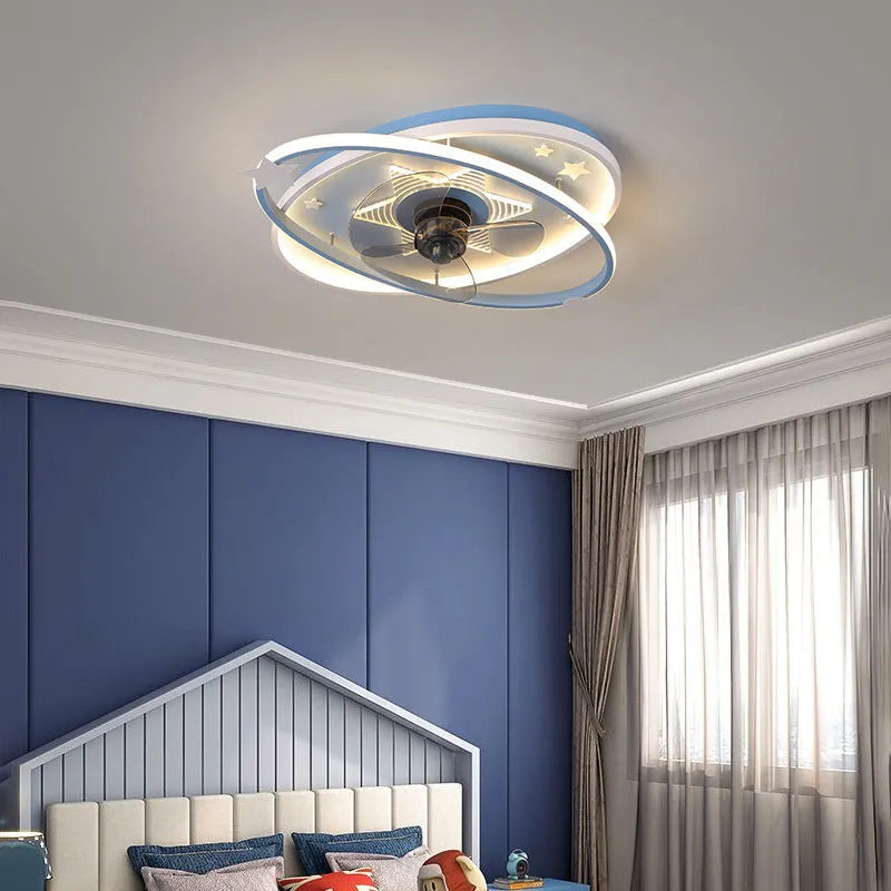 Modern simple children's bedroom ceiling fan with light featuring iron chandelier design and remote control