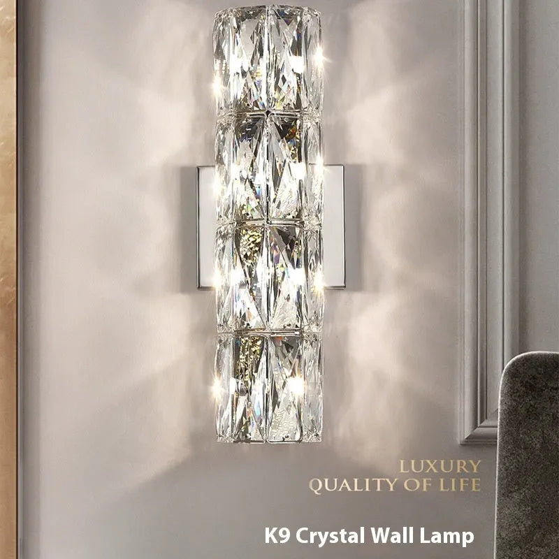 Modern crystal wall lamp with stainless steel body in chrome finish, 400mm length