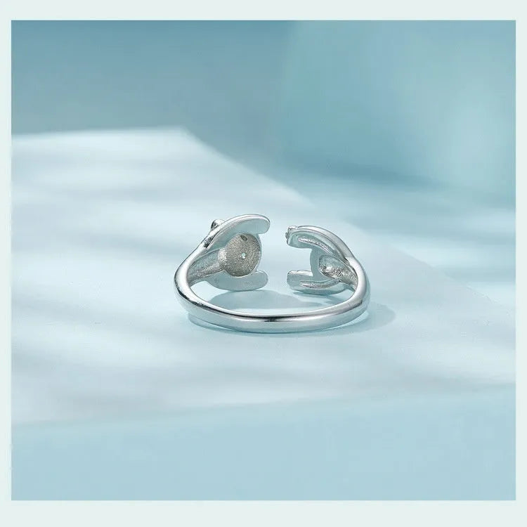 Adjustable panda open ring in sterling silver with white gold plating