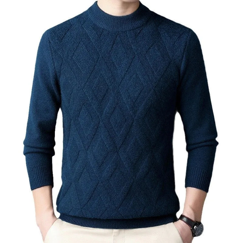 Men's thicken thermal wool blend pullover sweater with diamond jacquard pattern in light camel colour.
