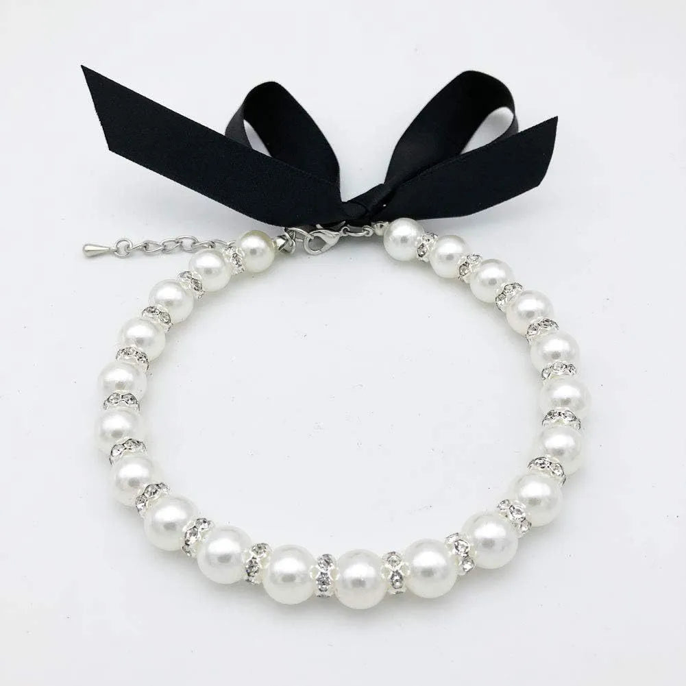 Handmade imitation pearl and rhinestone dog necklace with ribbon bow and adjustable clasp in blue pink purple or white for small pets