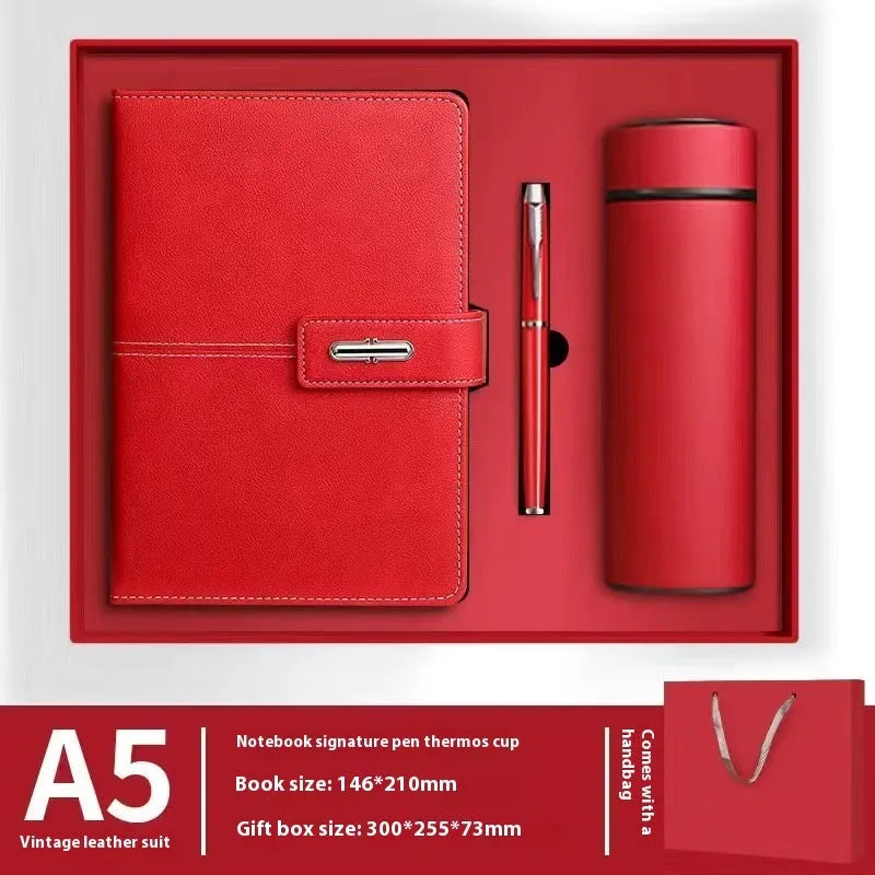 A5 notebook with a PU leather cover, open to show wood-free paper pages.
