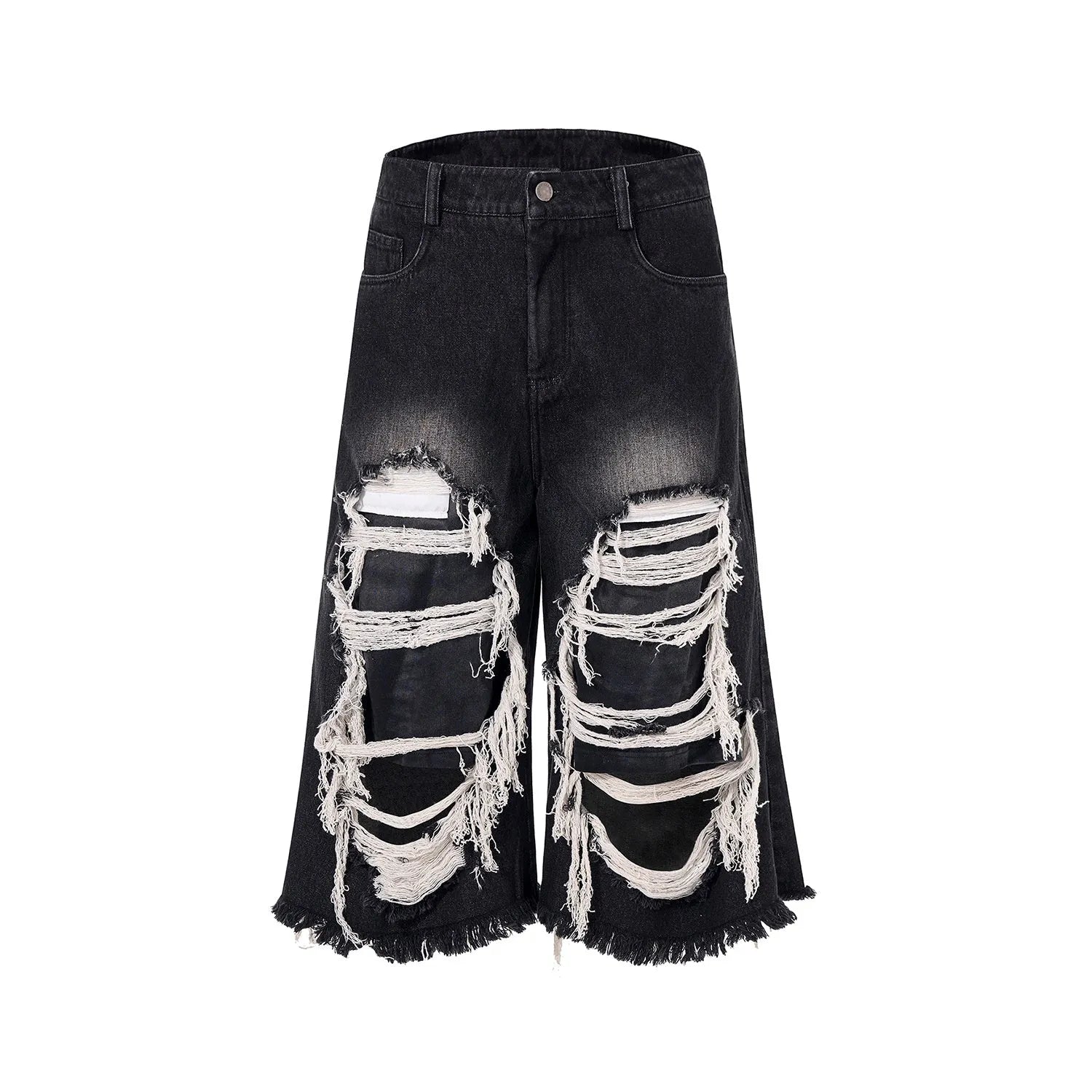 Women's black cropped wide leg jeans with distressed ripped patches and high waist