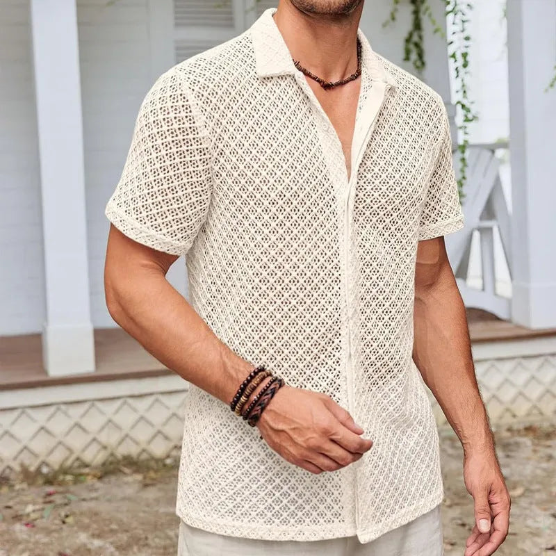 Men's mesh short sleeve shirt with lapel collar in cotton blend fabric