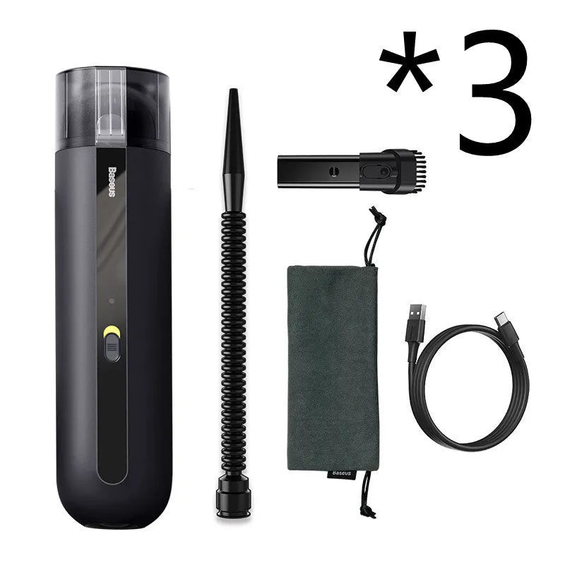 Baseus handheld cordless car vacuum cleaner in black, white, or green with blowing hose attachment.