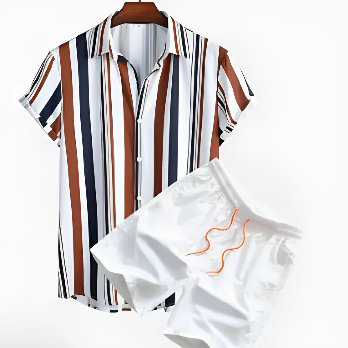 Men's casual cardigan suit set with digital printed short sleeve shirt and elastic shorts in polyester fabric