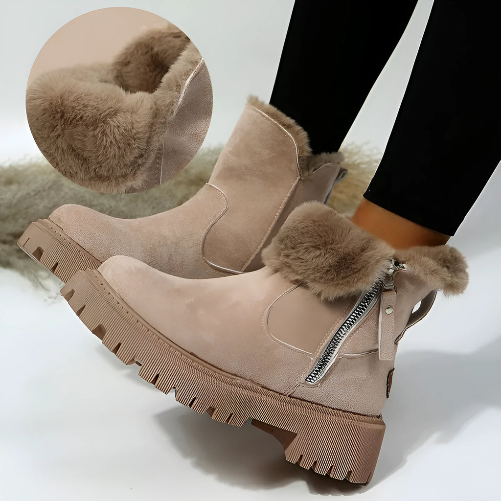 Women's black thick plush high-top snow boots with a side zipper and non-slip sole.