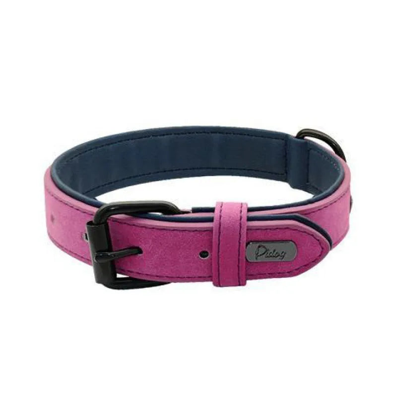 Adjustable anti-loss dog collar showing PU front and microfiber back in available colour options