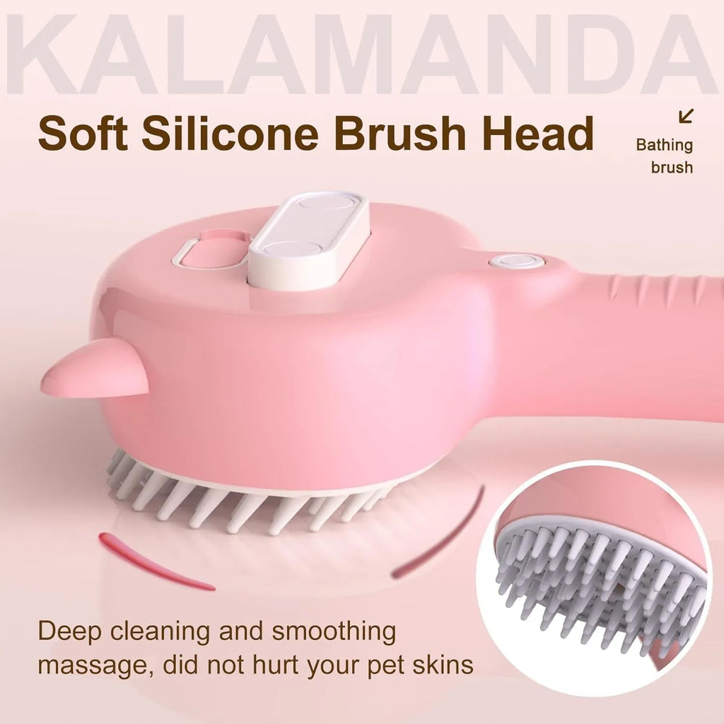 Blue pink yellow cat steam brush with ergonomic handle and release button for pet grooming