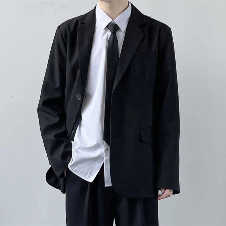 Plus size men's loose fit suit jacket and trousers with white shirt and tie in college style