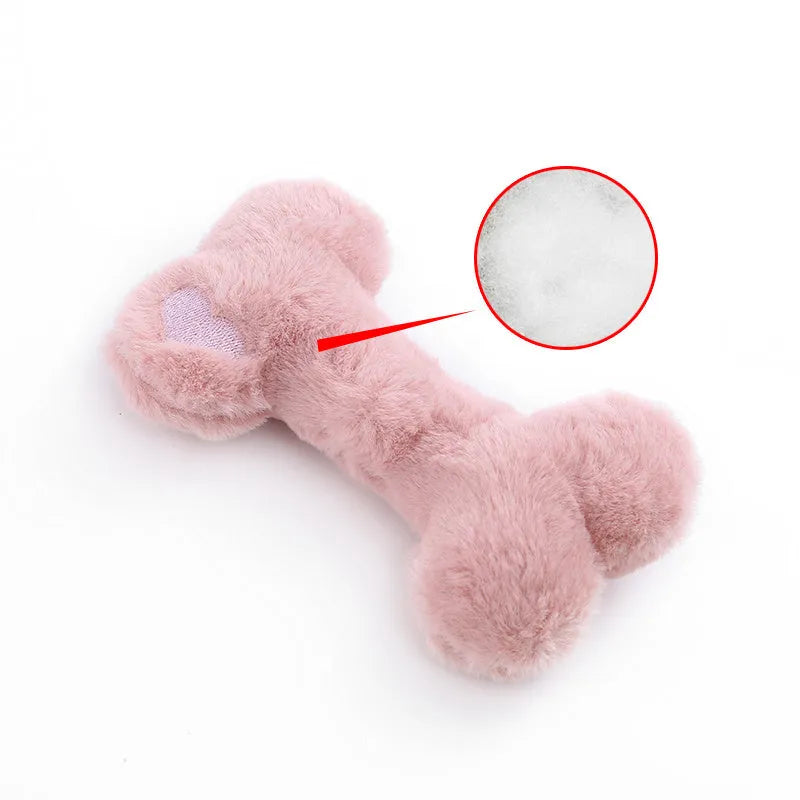 Plush love bone dog toy with squeaker in blue pink yellow colours