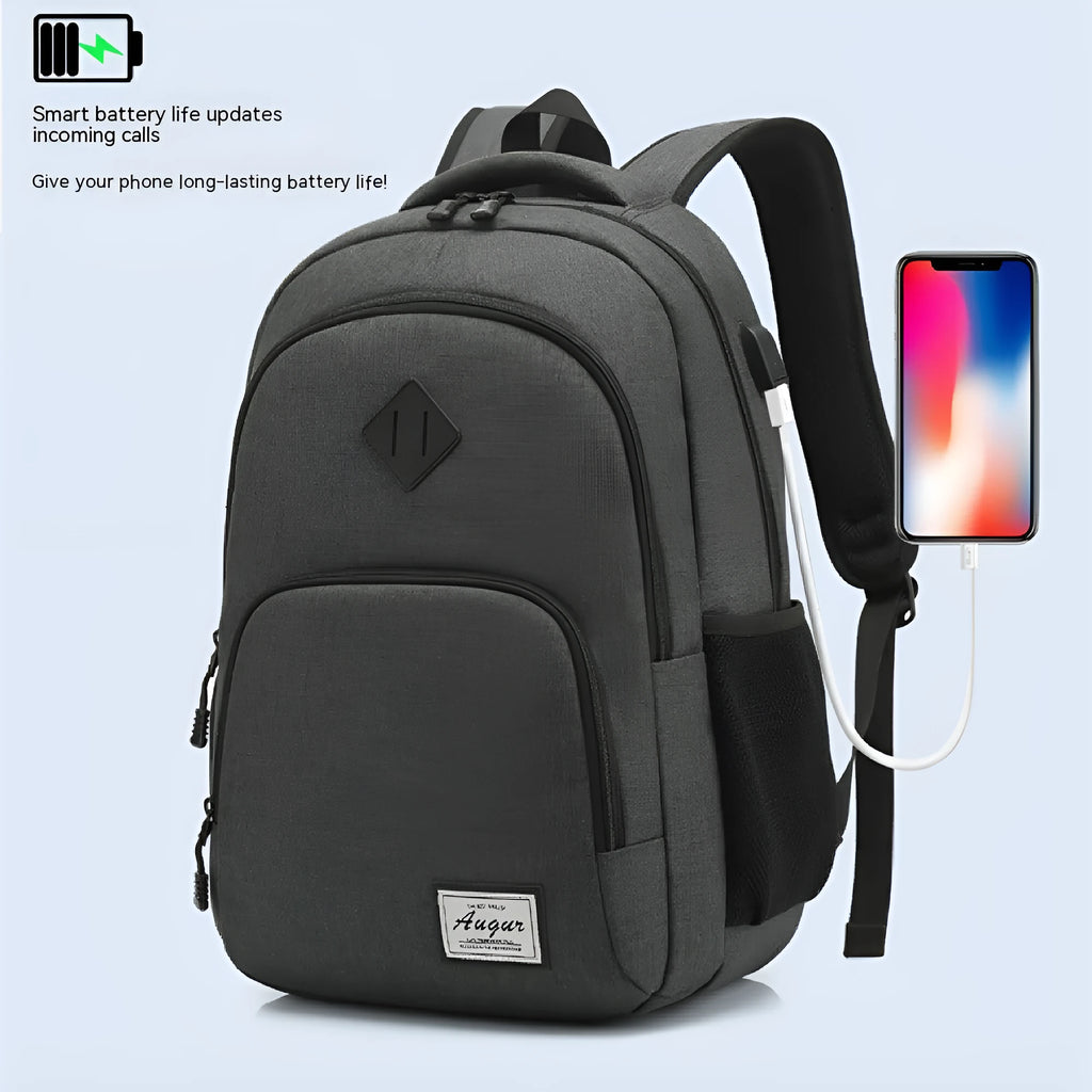 USB charging backpack in grey with trolley sleeve and dimensions 32x15x46cm