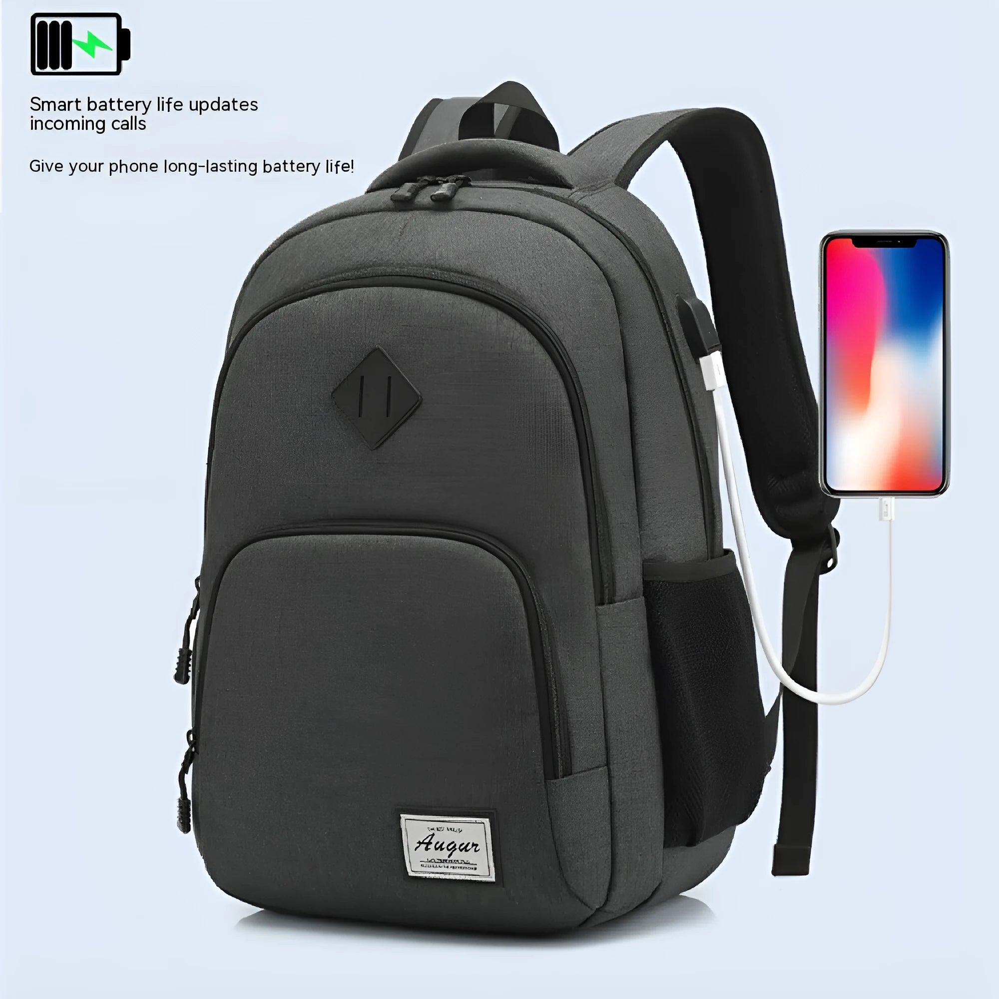 USB charging backpack in grey with trolley sleeve and dimensions 32x15x46cm