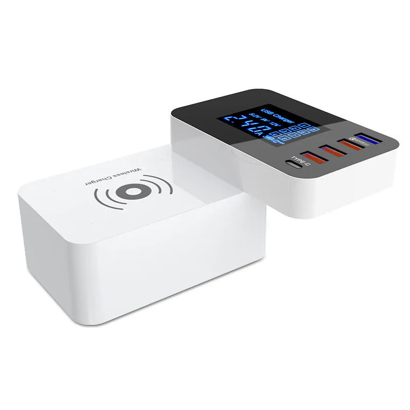 White multi USB port fast charger with wireless charging pad and interchangeable EU UK US plug adapters