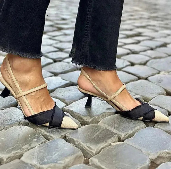 Women's apricot and black colour block pointed toe stiletto sandals with buckle fastening