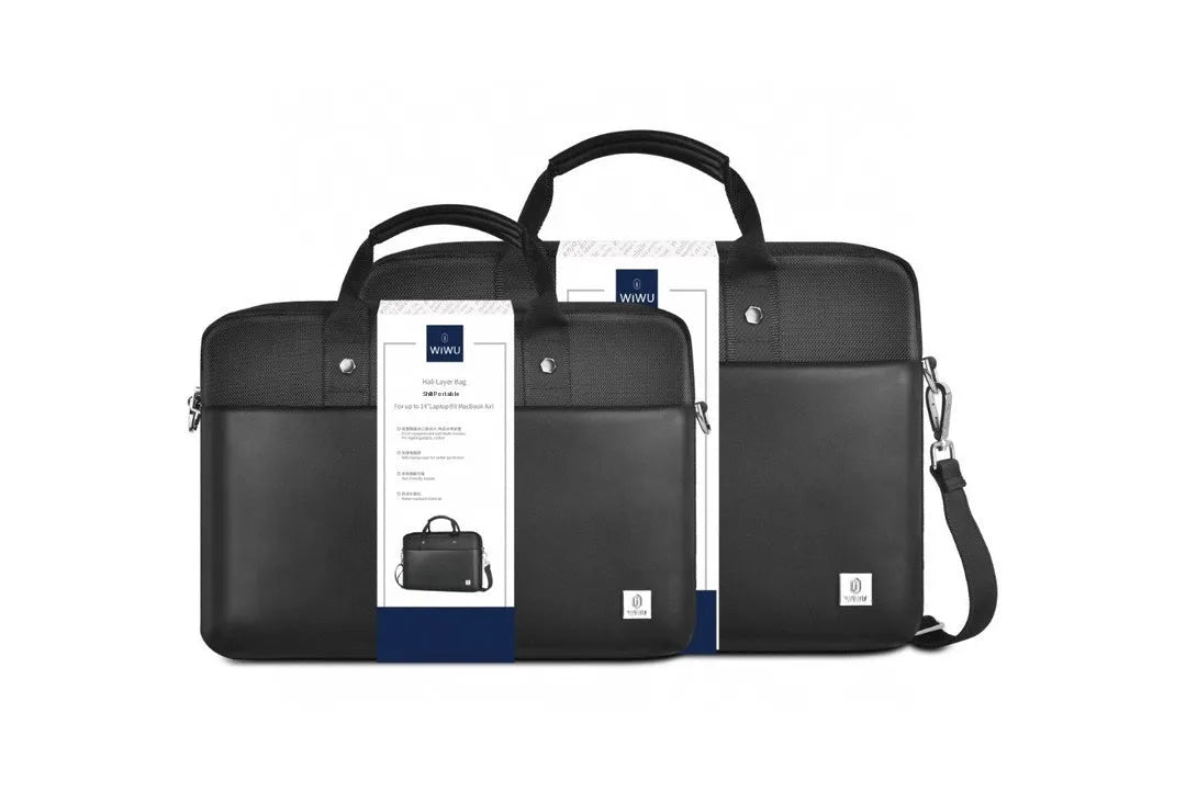 Black oxford cloth laptop handbag showing multi-pocket interior and separate padded computer compartment.