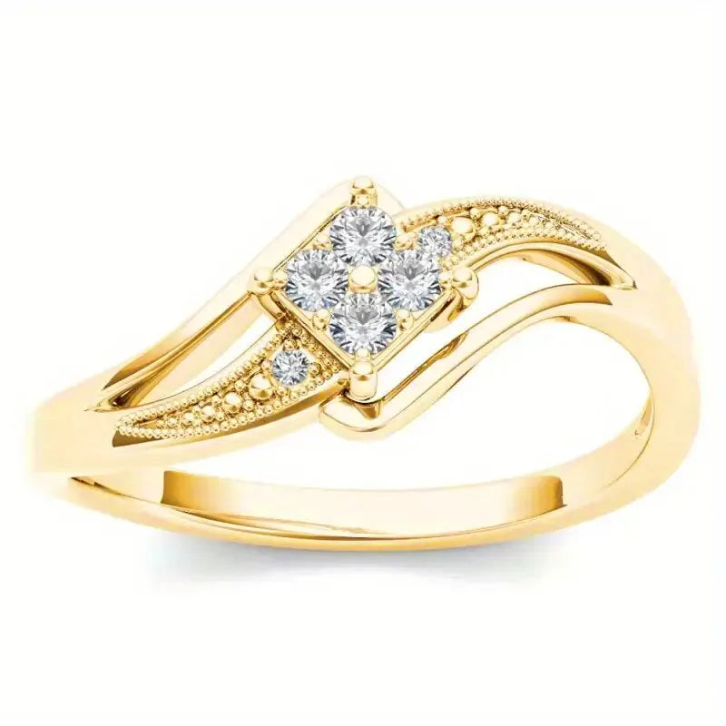 Copper diamond ring with geometric ornament and micro inlaid zircon in yellow gold colour